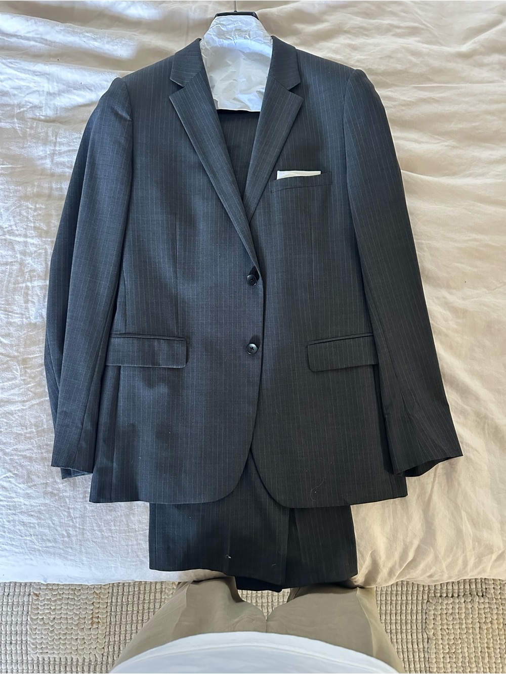 Theory Men's Charcoal Pinstripe Suit with White Pocket Square